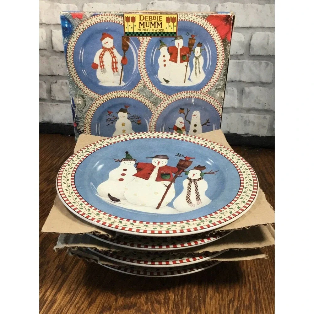 Vtg Debbie Mumm Jolly Snowmen Sakura 1997 Salad Plates Country Christmas‎ Winter